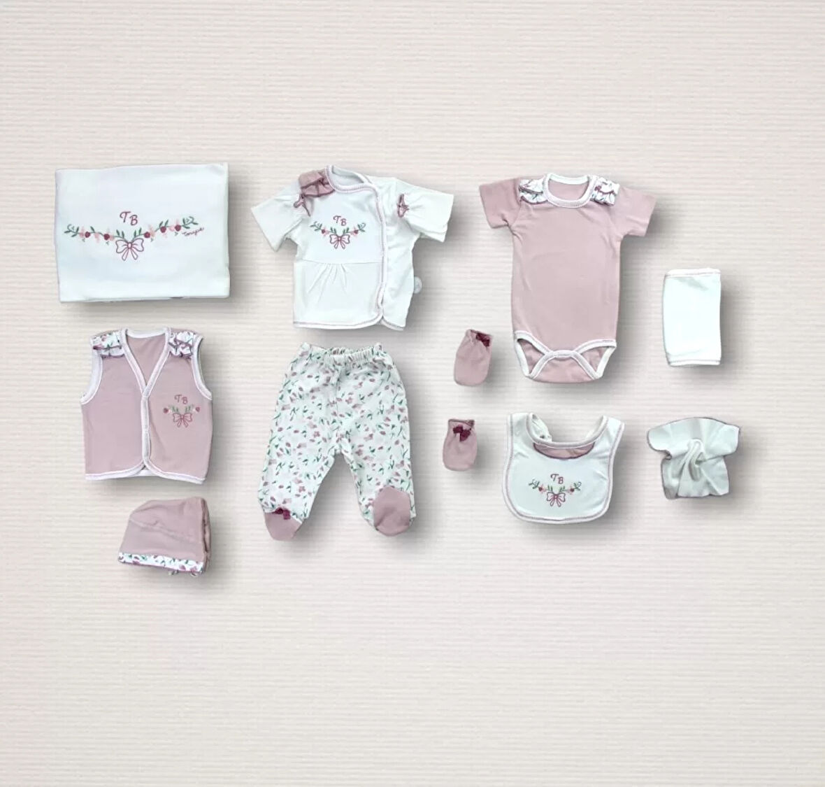 Bahar Çiçekleri Nakışlı  10lu Zıbın Takımı Hastane Çıkışı Gül Kurusu