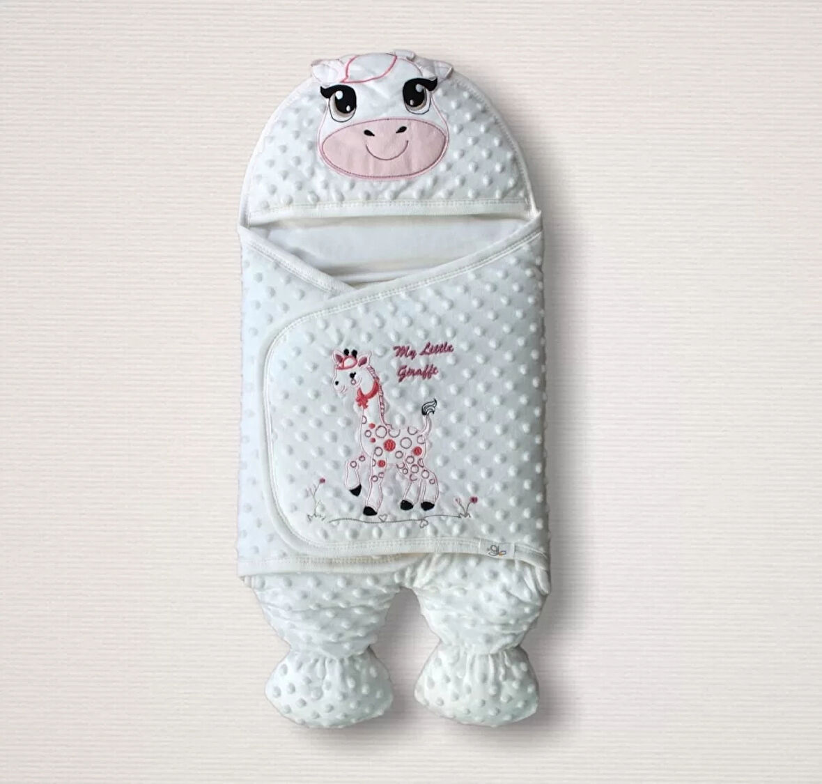 Yenidoğan Zürafa Nakışlı Şapkalı Kız Erkek Bebek Ayaklı Kundak Bebek Battaniyesi Pembe