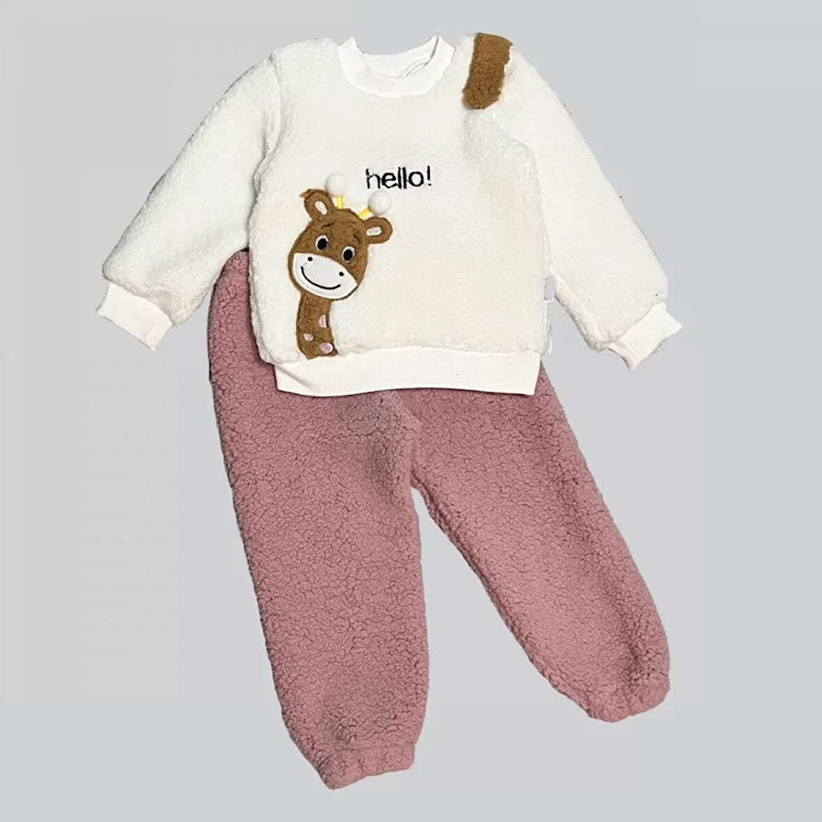 1-2-3 Yaş Hello Zürafa Nakışlı Kuzu Kumaş Sweat Pantolon Uzun Kollu Kız Erkek 2 Li Takımı Gül Kurusu