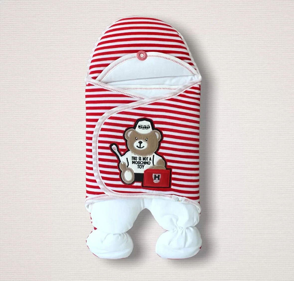 Yenidoğan Dr. Ayıcık Nakışlı Kız-erkek Bebek Ayaklı Kundak Bebek Battaniyesi Kırmızı