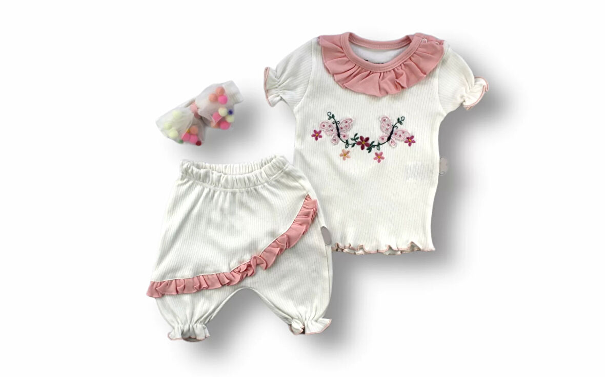 6-9 9-12 12-18 Ay Çiçek Nakışlı Roman Şalvar Bandanalı Kısa Kollu Sweat 3lü Kız Bebek Takımı Pudra