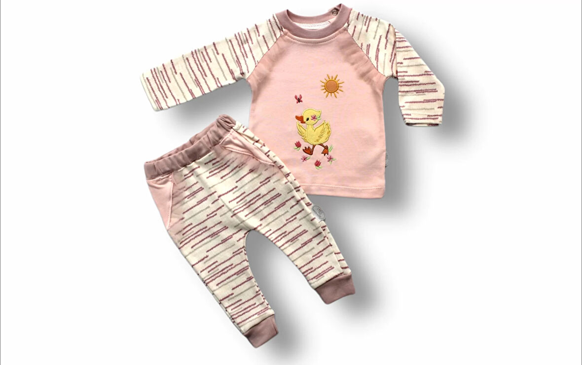 0-3 3-6 6-9 Ay Süslü Ördek Nakışlı Uzun Kollu Sweatli 2li Kız Bebek Takımı Pembe