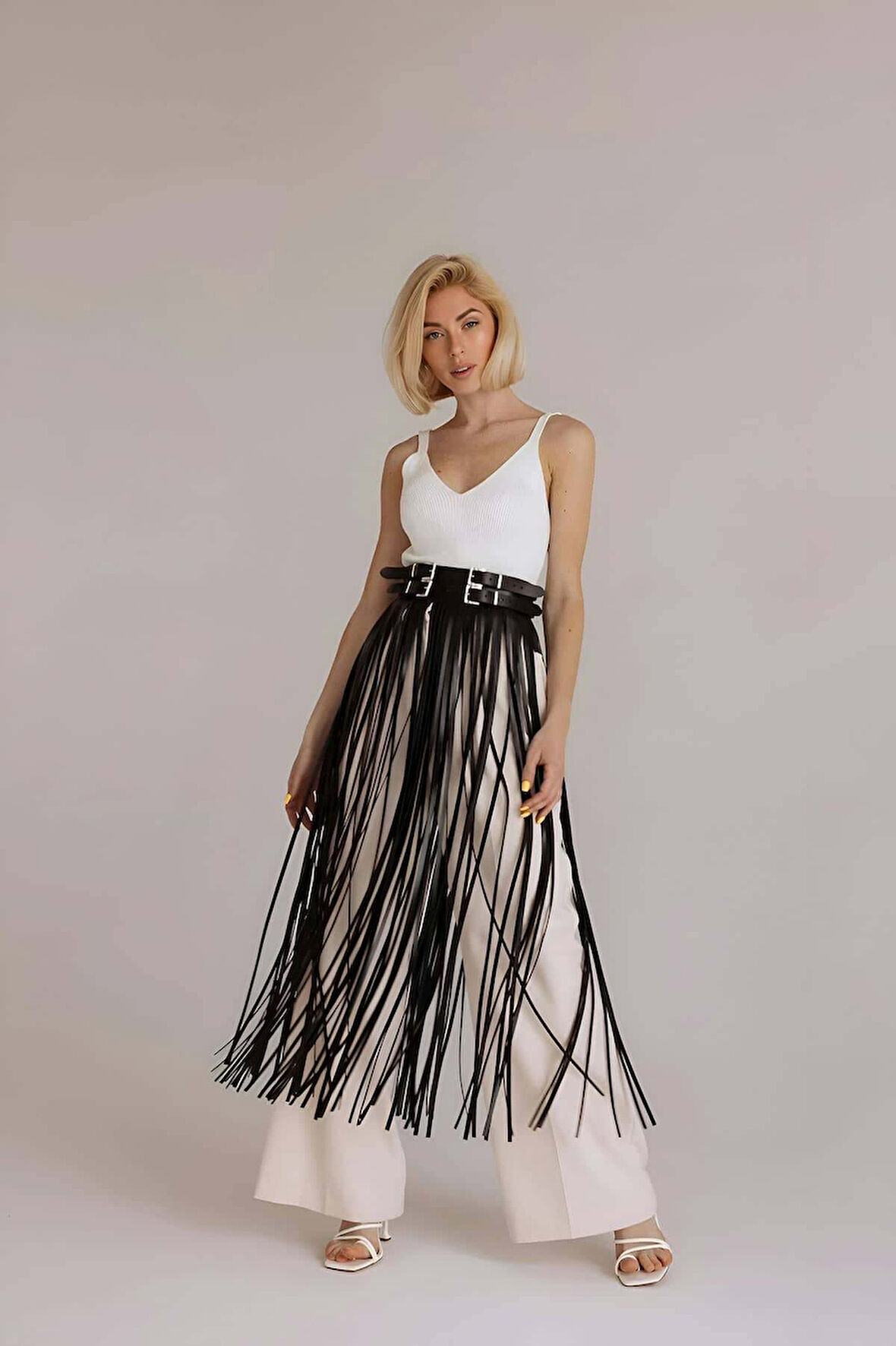 Püsküllü Deri Etek, Bel Üzeri Şık Püsküllü Deri Etek - Brf1090