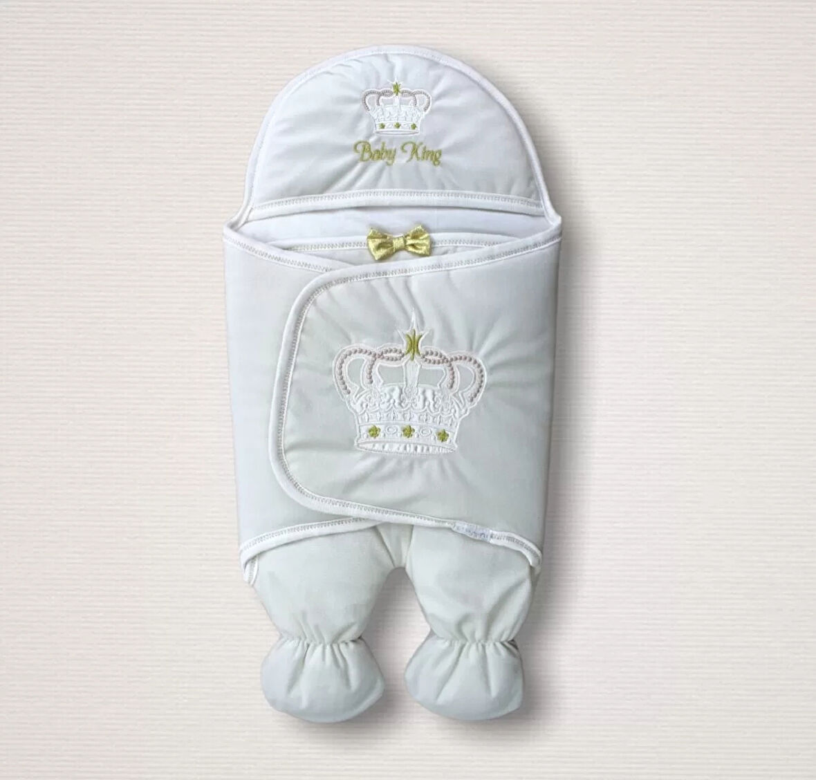 Yenidoğan King Baby Taç Nakışlı Ayaklı Erkek Bebek Kundak Ekru