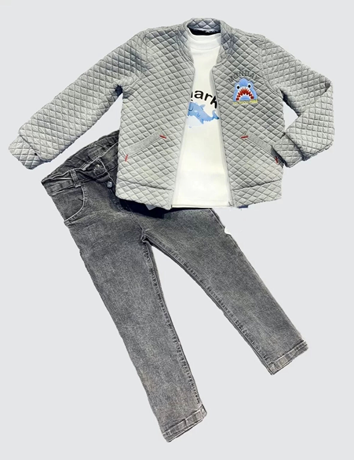 4-5-6 Yaş Kot Pantolonlu Pilot Mont Uzun Kollu Penye Sweat 3lü Erkek Çocuk Takımı Gri