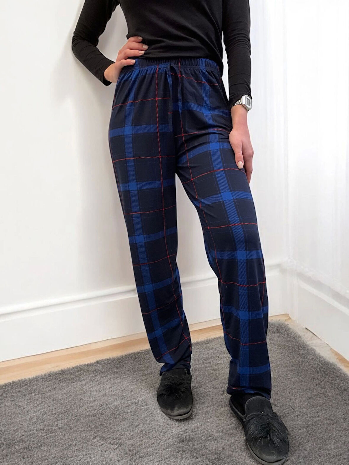 Freshness 801 Kadın Beli Lastikli Ekose Süet Tek Pijama Altı