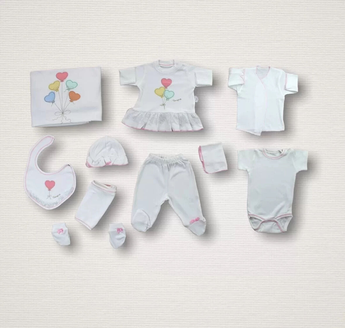 Kalpli Uçan Balon Nakışlı  10lu Zıbın Takımı Hastane Çıkışı Ekru