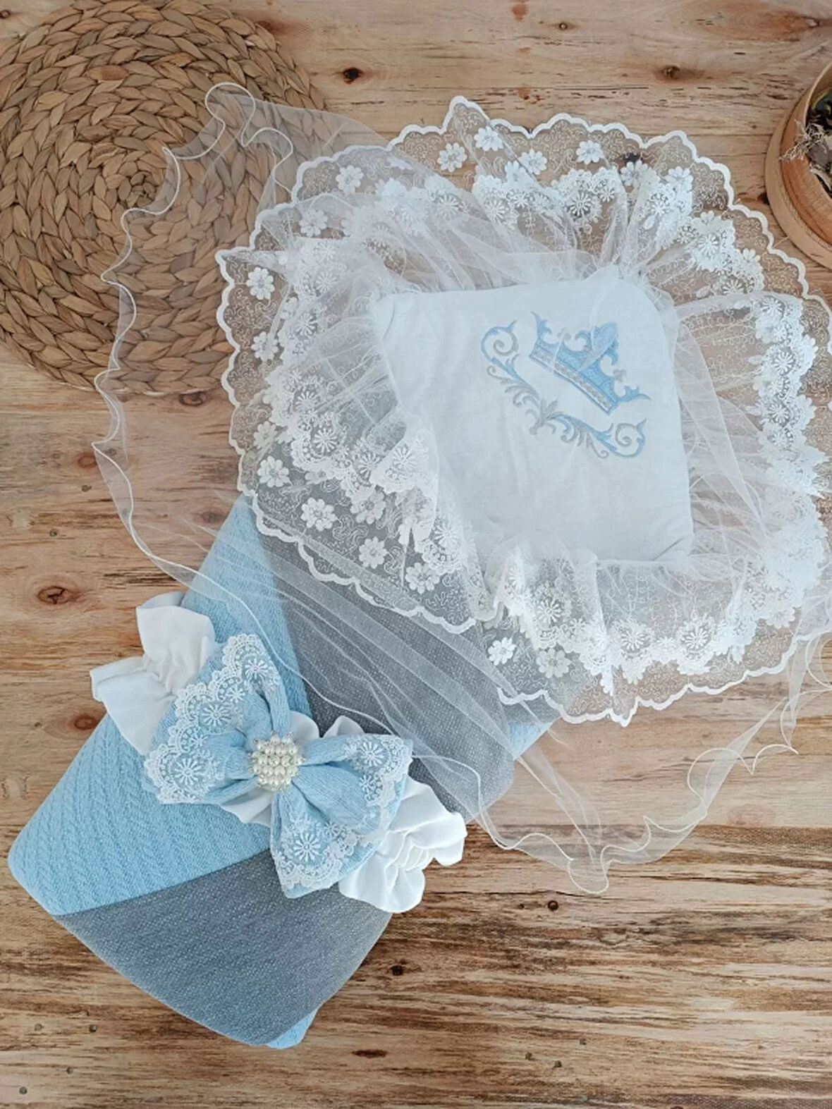 Yenidoğan Teri Cotton Taç Nakışlı Prizma Taş Kundak Bebek Battaniyesi Mavi