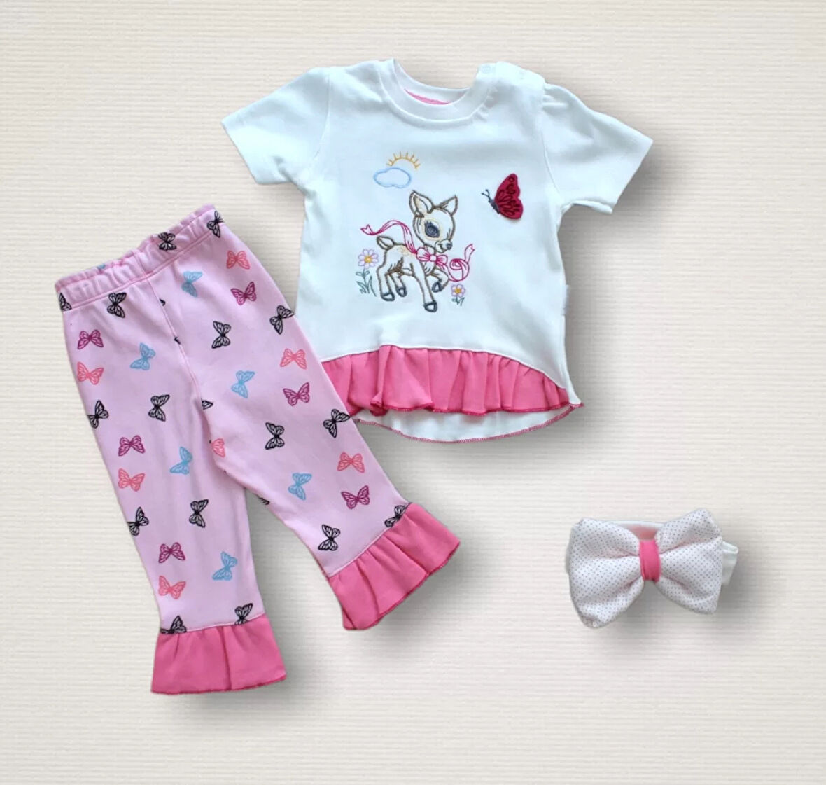 6-9 9-12 12-18 Ay Ceylanın Rüyası Baskılı Bandanalı Kısa Kollu Sweat 3lü Kız Bebek Takımı Ekru