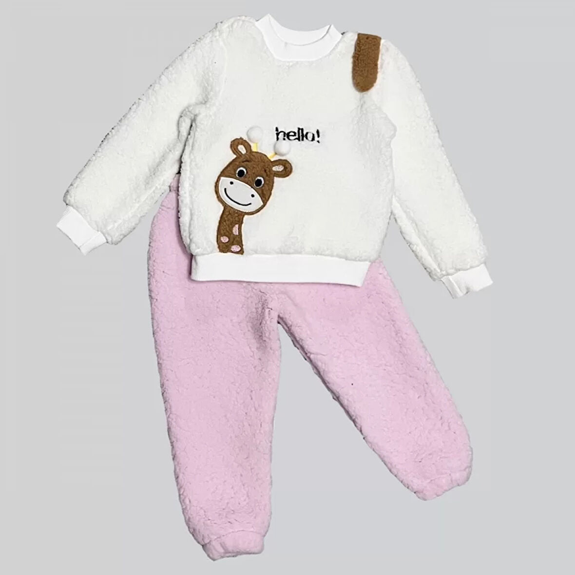 1-2-3 Yaş Hello Zürafa Nakışlı Kuzu Kumaş Sweat Pantolon Uzun Kollu Kız Erkek 2 Li Takımı Pembe