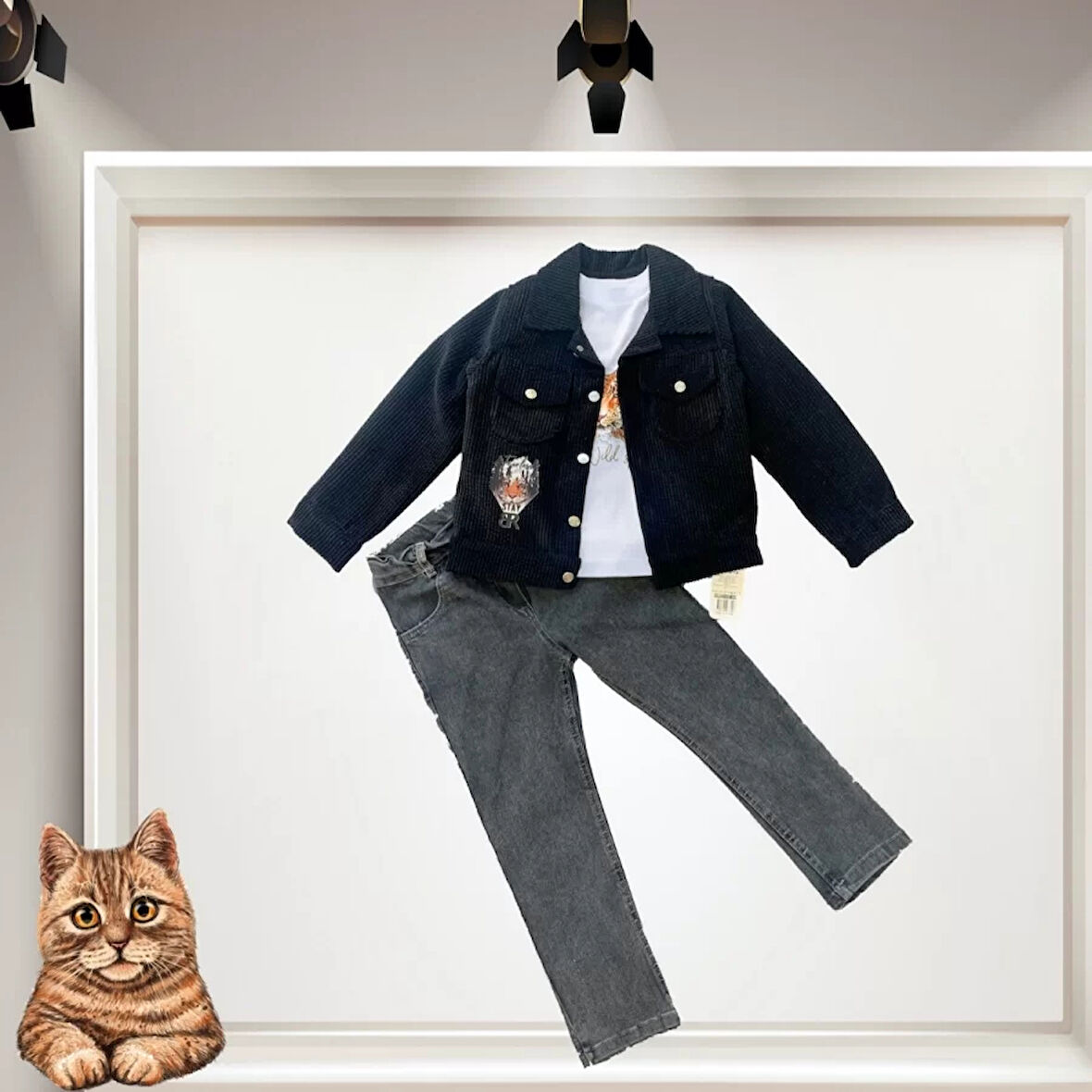 3-4-5 Yaş Fitilli Kadife Ceket Kot Pantolonlu 3lü Kız Erkek Çocuk Takımı Siyah