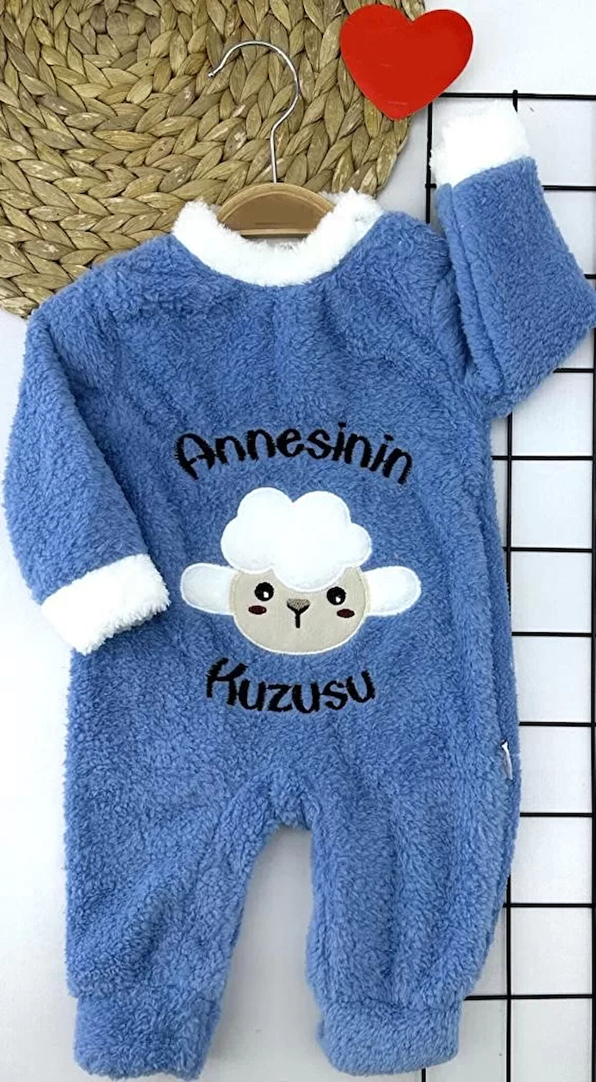 3-6-9-12 Ay Kuzu Tüylü Kumaş Annesinin Kuzusu Nakışlı Alttan Çıtçıtlı Kız Erkek Bebek Tulumu Mavi