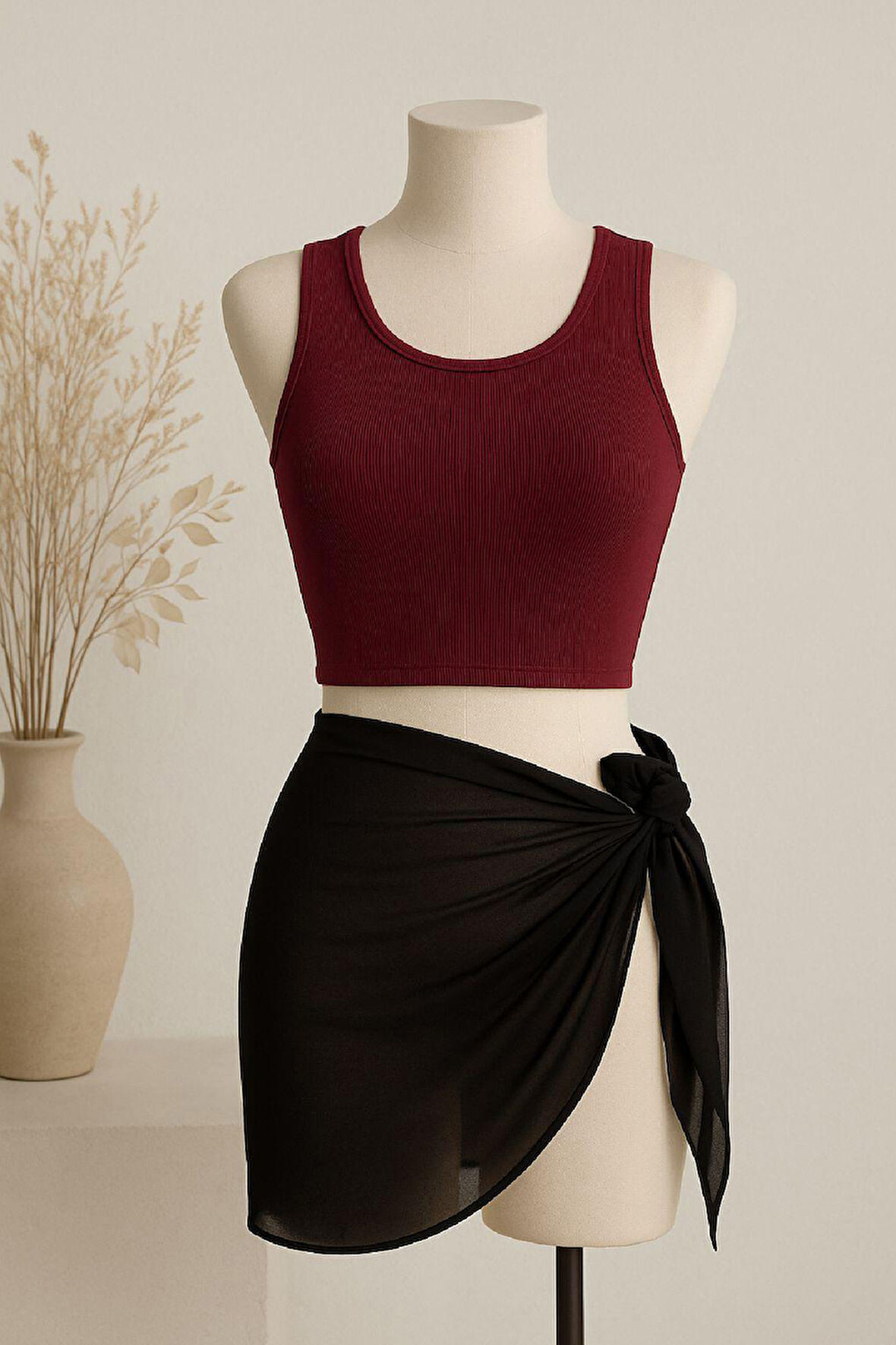 Kadın Bordo Yuvarlak Yaka Crop Ve Siyah Pareo 2'li Set