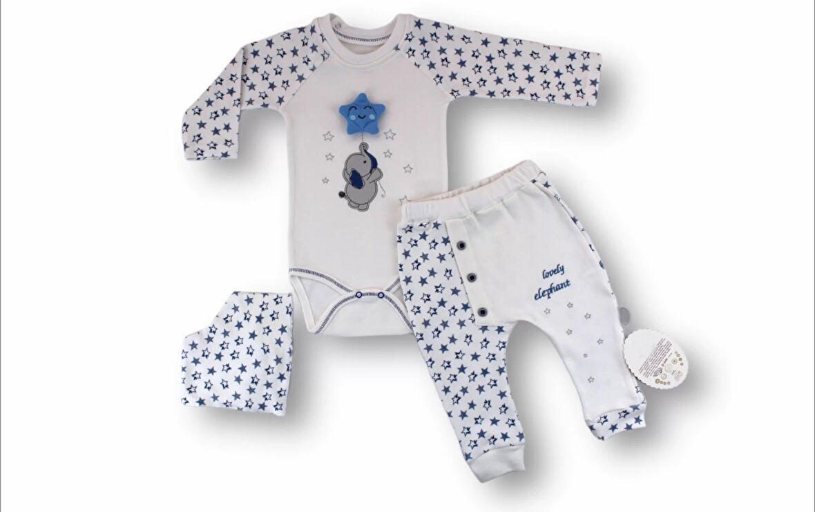 3-6 6-9 9-12 Ay Kutup Yıldızı Nakışlı Bandajlı Uzun Kollu Zıbınlı 3lü Erkek Bebek Takımı Ekru