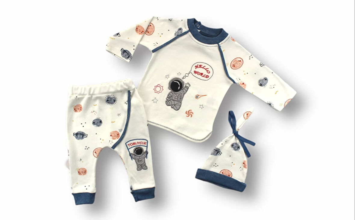 3-6 6-9 9-12 Ay Şirin Kozmonot Nakışlı Şapkalı Uzun Kollu Sweatli 3lü Kız-erkek Bebek Takımı Ekru