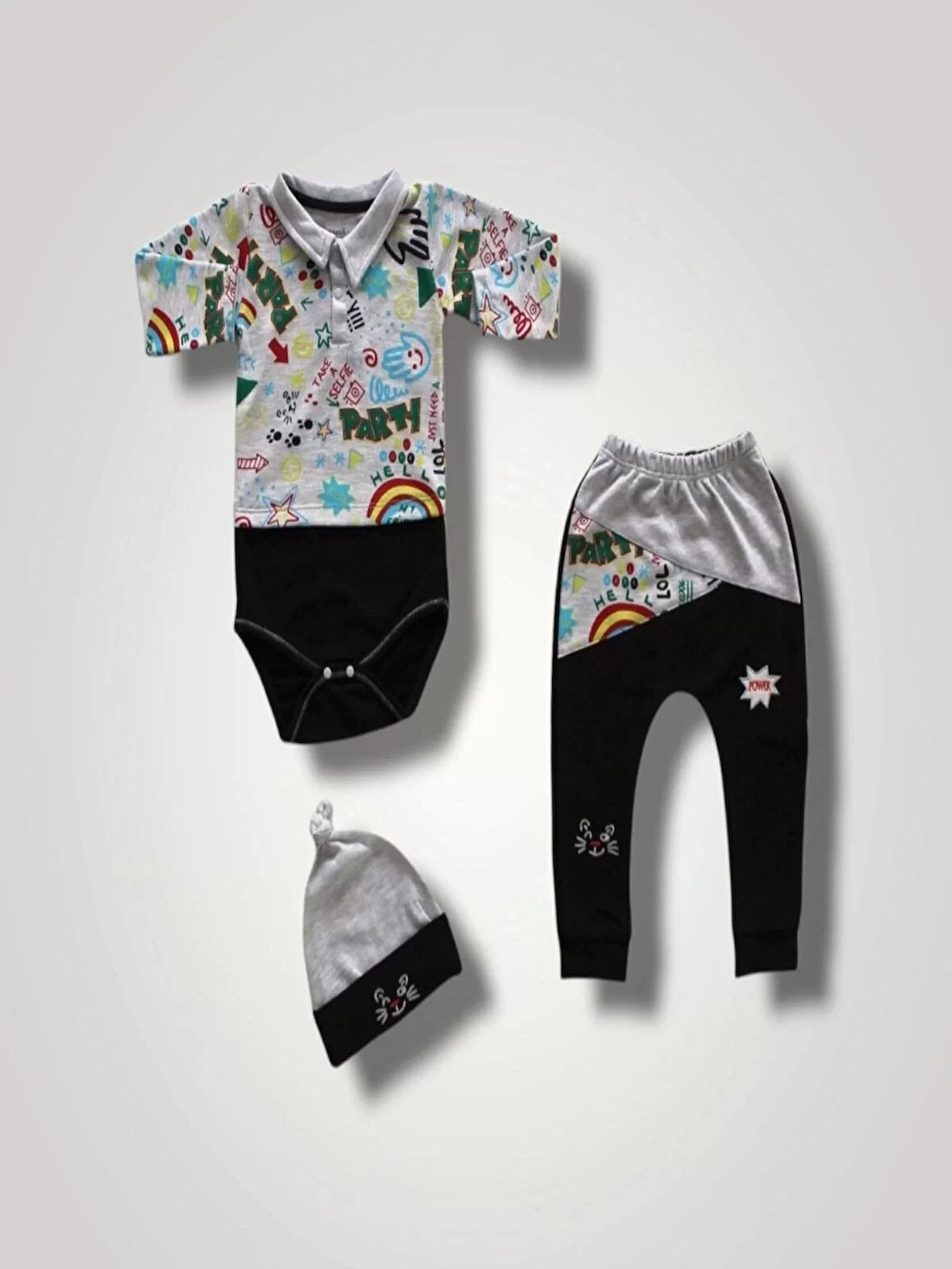 6-9 12-18 18-24 Ay Power Kedi Nakışlı Uzun Kollu Zıbınlı Şapkalı 3lü Kız Erkek Bebek Takımı Siyah