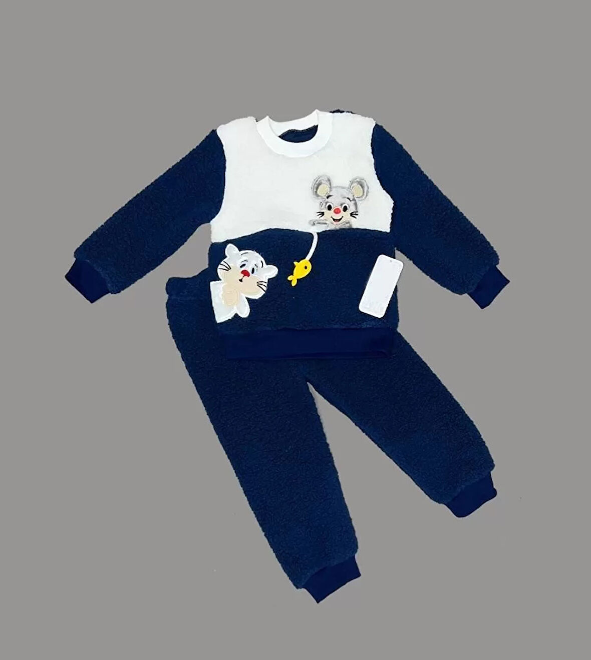 1-2-3 Yaş Sallanan Balık Nakışlı Kuzu Kumaş Sweat Pantolon Uzun Kollu Kız Erkek 2 Li Takımı Lacivert