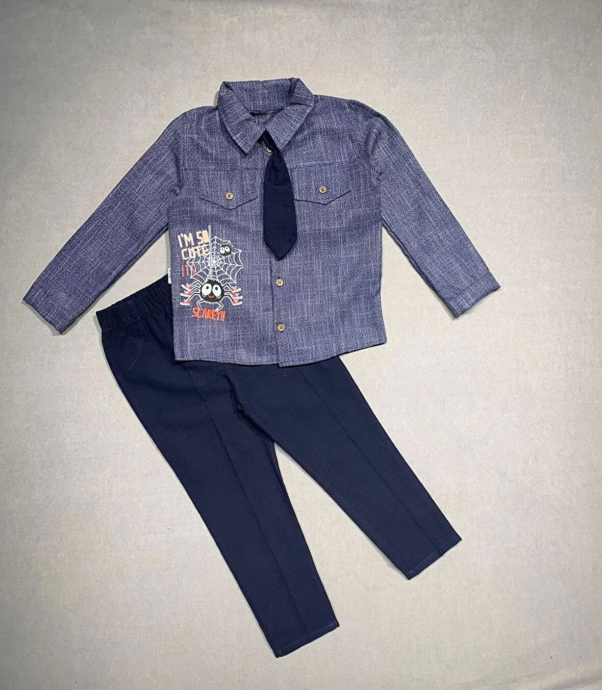 3-4-5 Yaş Kravatlı Keten Gömlek Gabardin Pantolon Uzun Kollu 3lü Erkek Çocuk Takımı Lacivert
