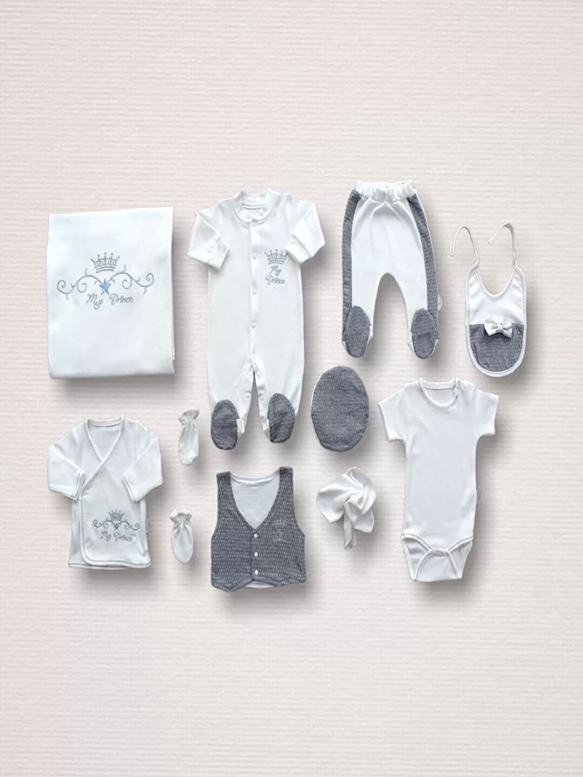 Süper Prens Nakışlı  10lu Zıbın Takımı Hastane Çıkışı Gri