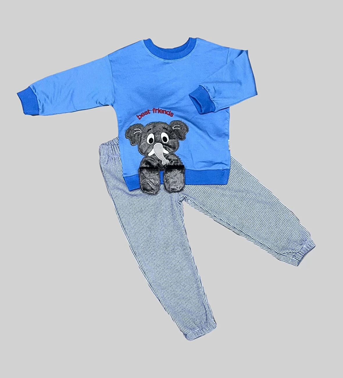 1-2-3 Yaş Filli Sallanan Ayak Desenli Likra Penye Kumaş Sweat Pantolonlu Kız Erkek 2li Çocuk Takımı İndigo