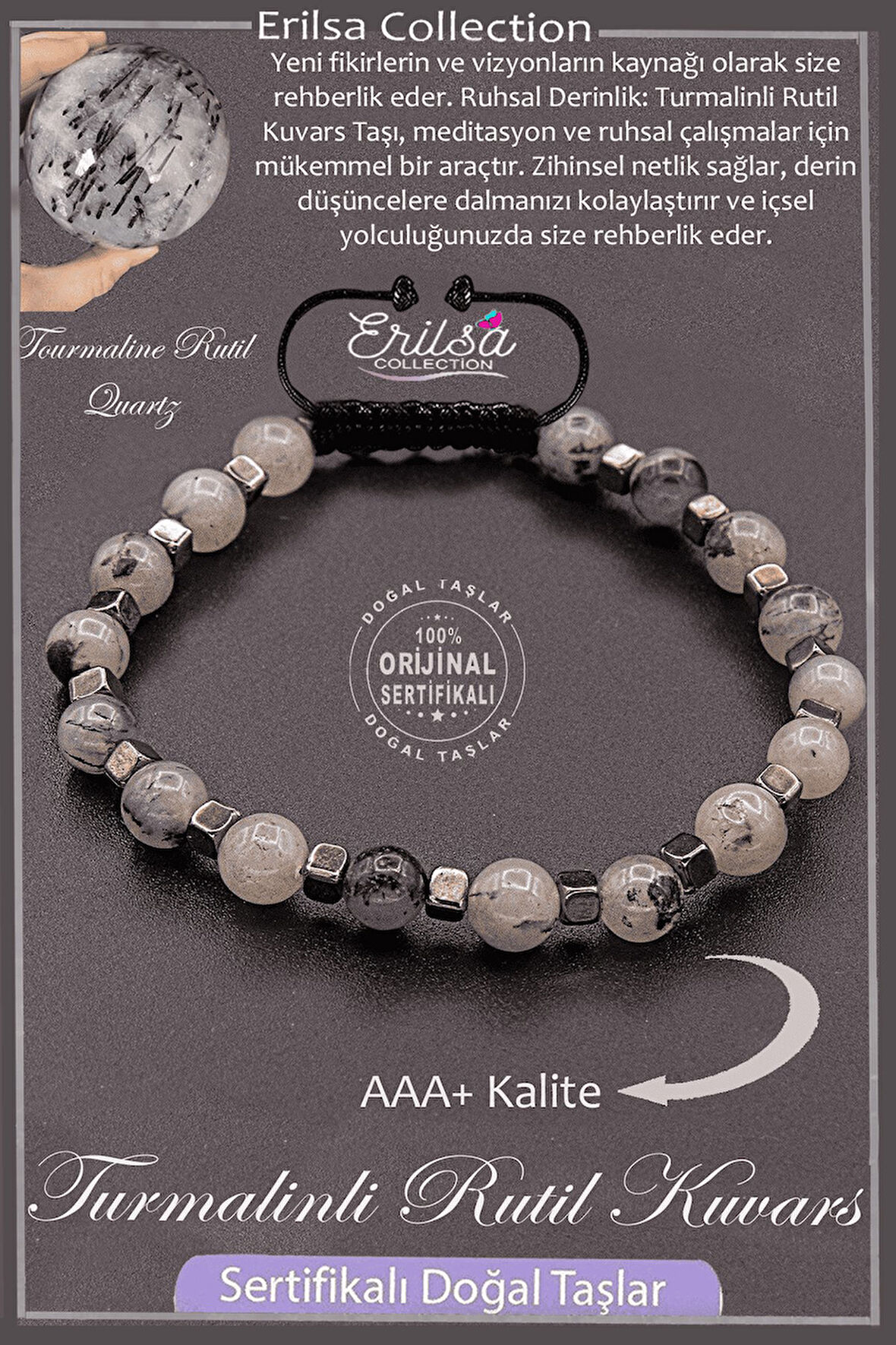 Sertifikalı AAA+ Kalite Gerçek Terahertz - Turmalinli Rutil Kuvars Taşı Bileklik