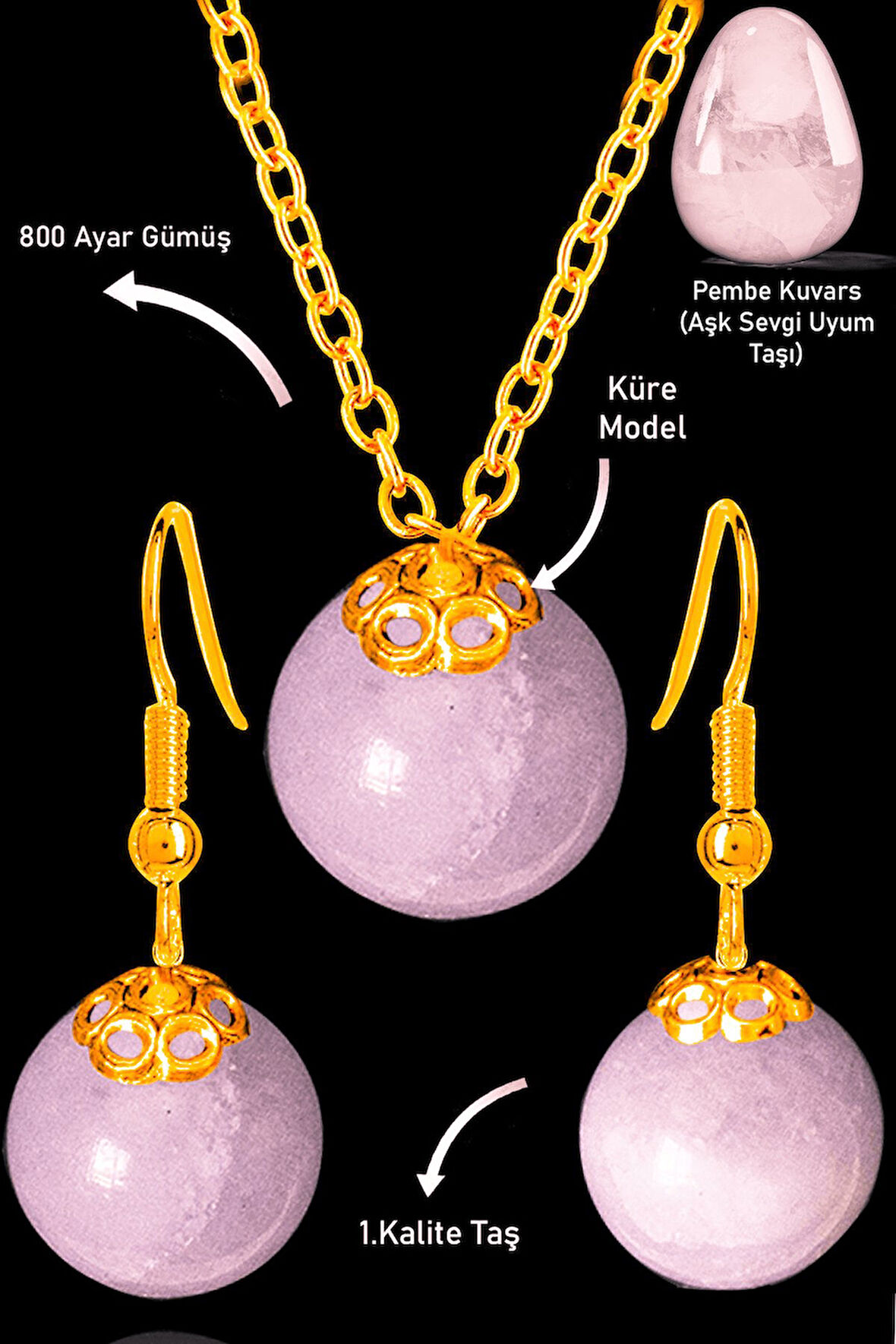 Sertifikalı Gold Küre Model Pembe Kuvars Taşı Kolye ve Küpe Seti - Açık Renk
