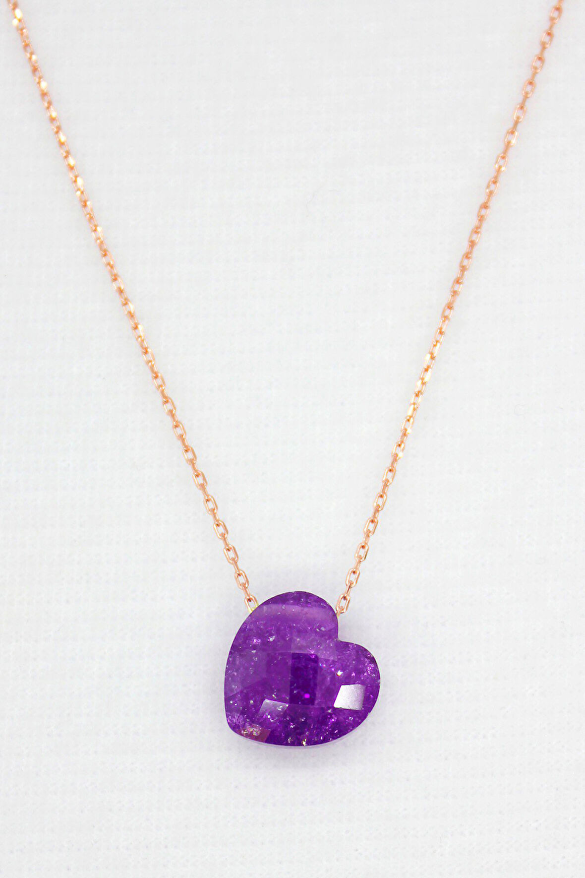 925 Ayar Şeker Mor Buzlu Kalp Taş Rose Gümüş Kolye (TGK0056)