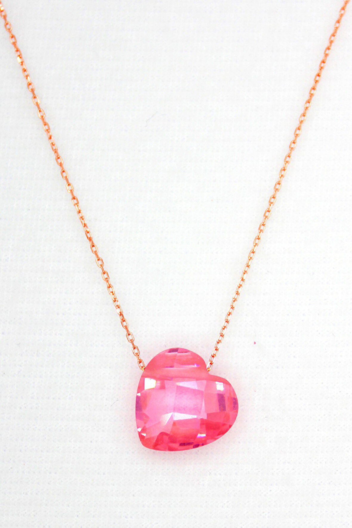 925 Ayar Pembe Kristal Kalp Rose Gümüş Kolye (TGK0060)