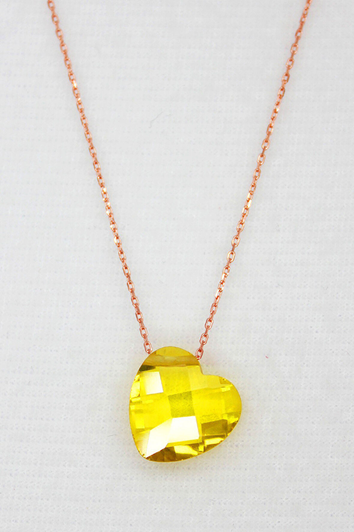 925 Ayar Sarı Kristal Kalp Rose Gümüş Kolye (TGK0063)