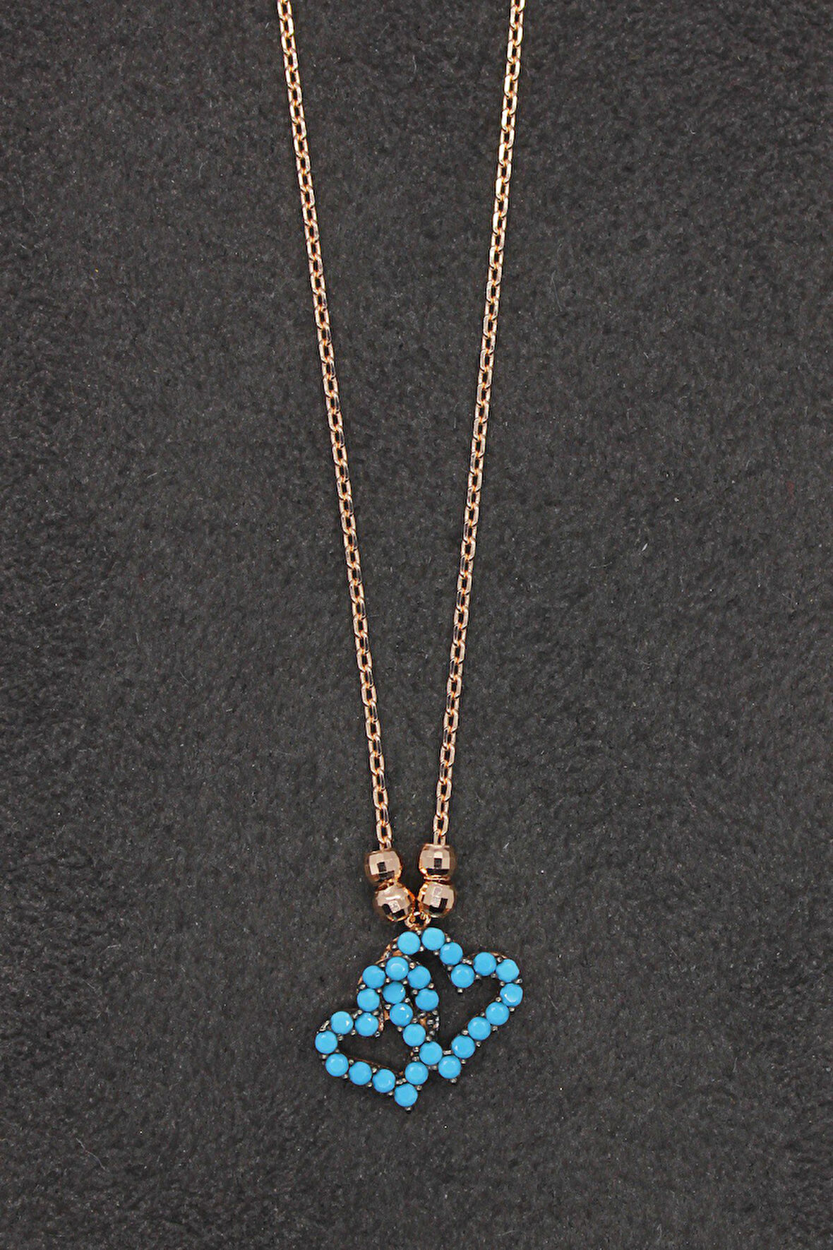 925 Ayar Turkuaz Kalpler Rose Gümüş Kolye (TGK0166)