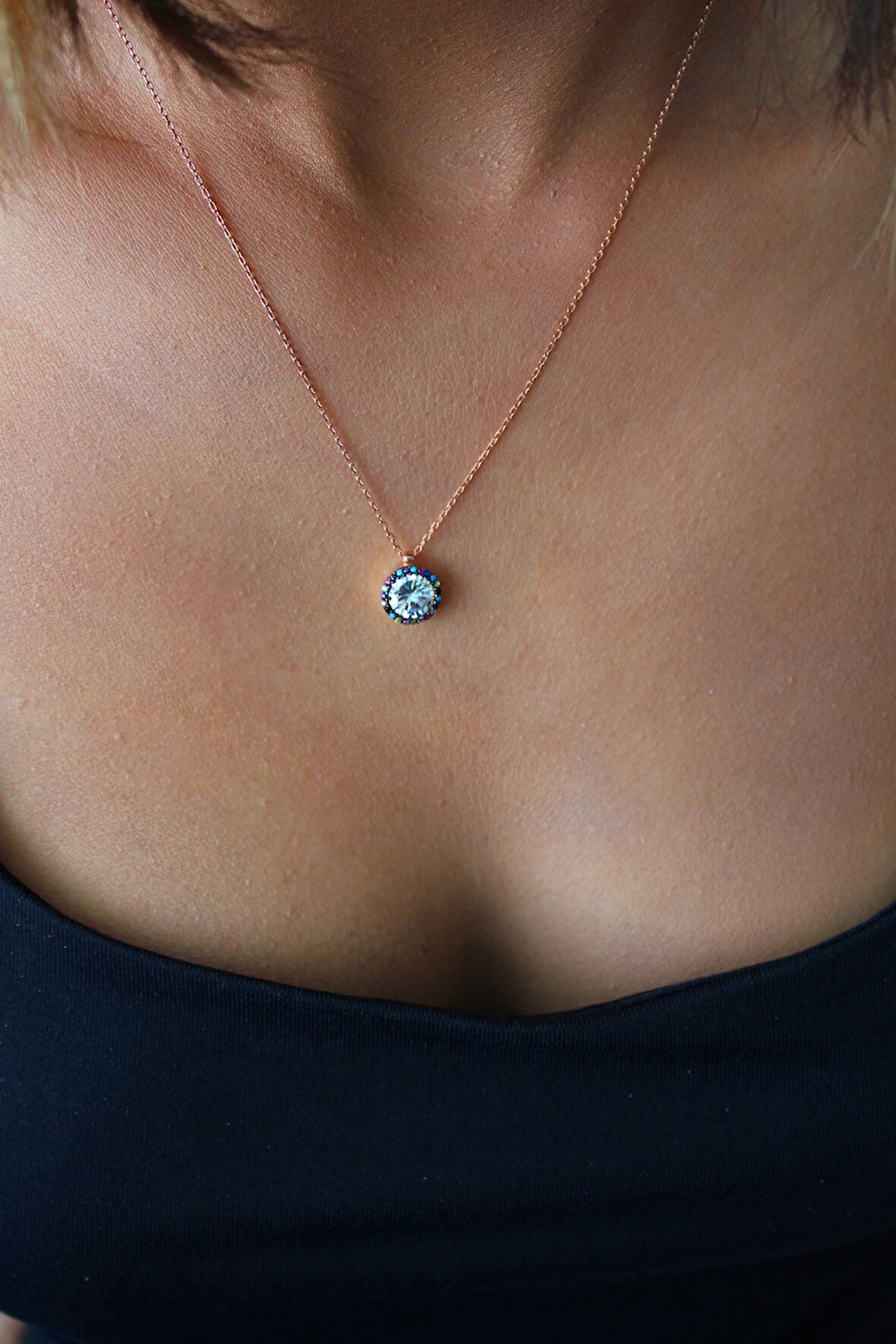 925 Ayar Miks Taşlı Elmas Modeli Roz Gümüş Kolye (TGK0388)