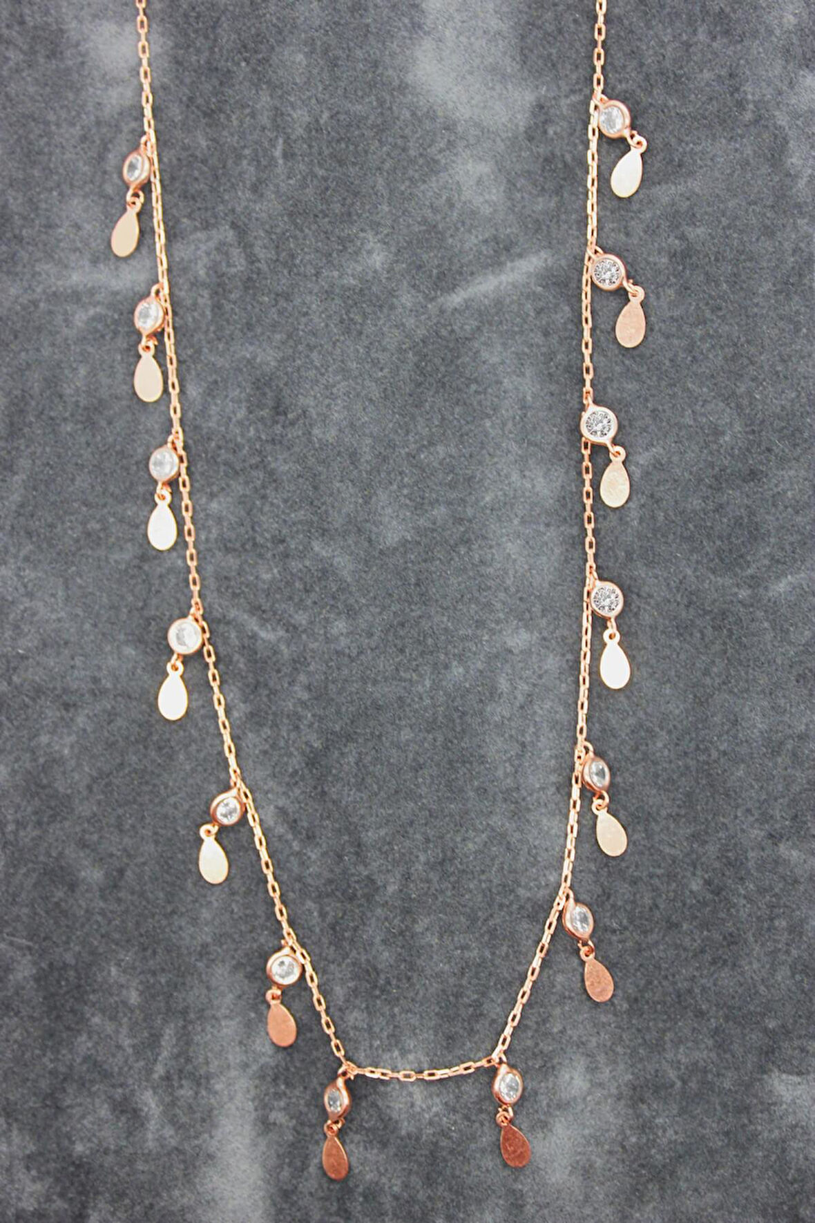 925 Ayar Damla Pullu Taşlı Roz Gümüş Kolye (TGK0394)