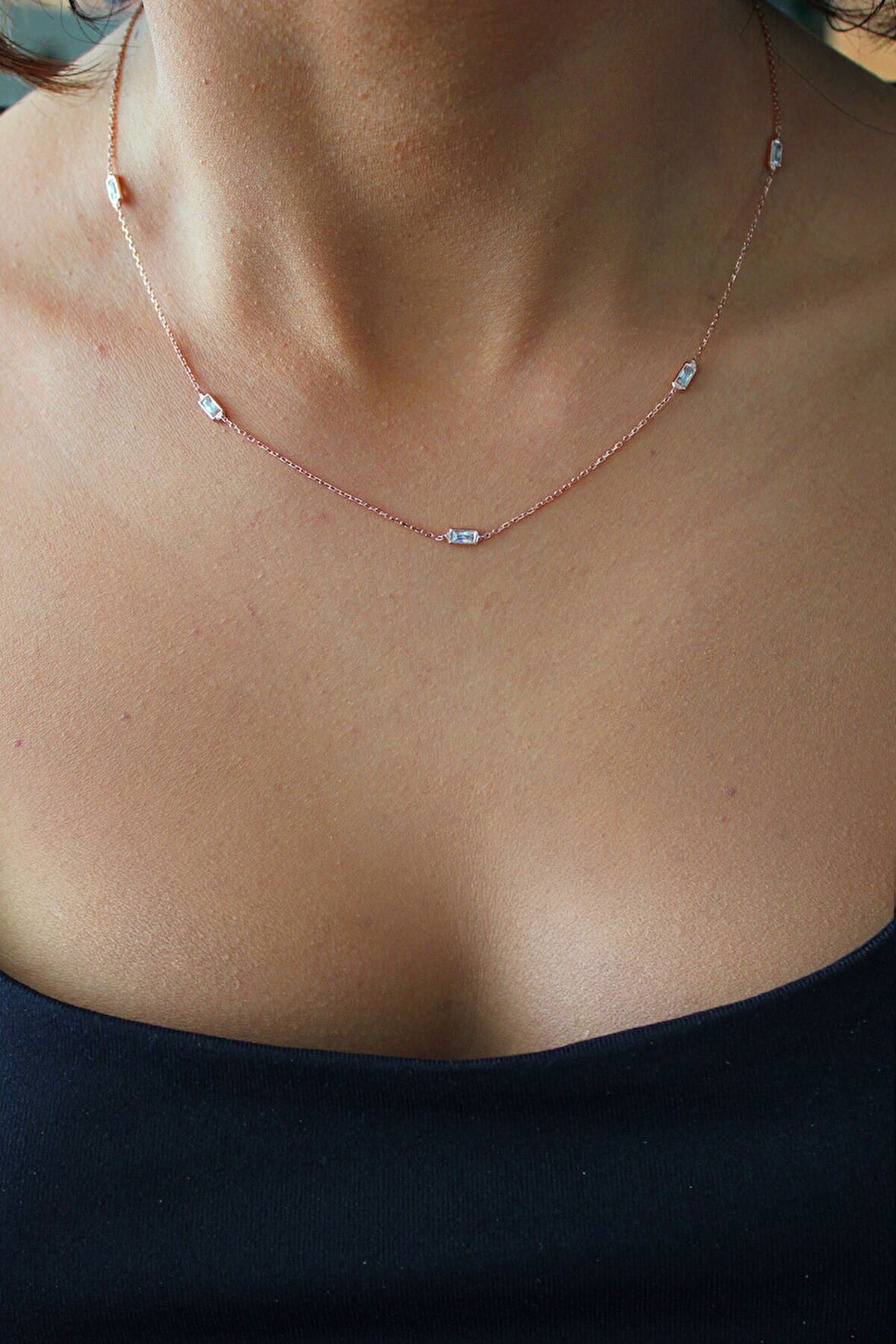 925 Ayar Baget Taşlı Su Yolu Roz Gümüş Kolye (TGK0408)