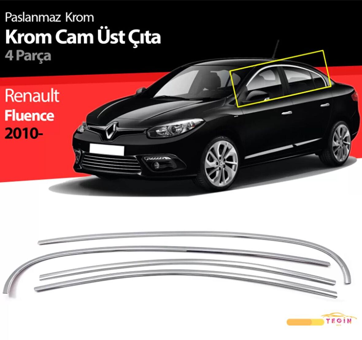 Renault Fluence SD 2010-2016 Premium Cam Çerçevesi Üst Çıtası 4 Parça Paslanmaz Çelik