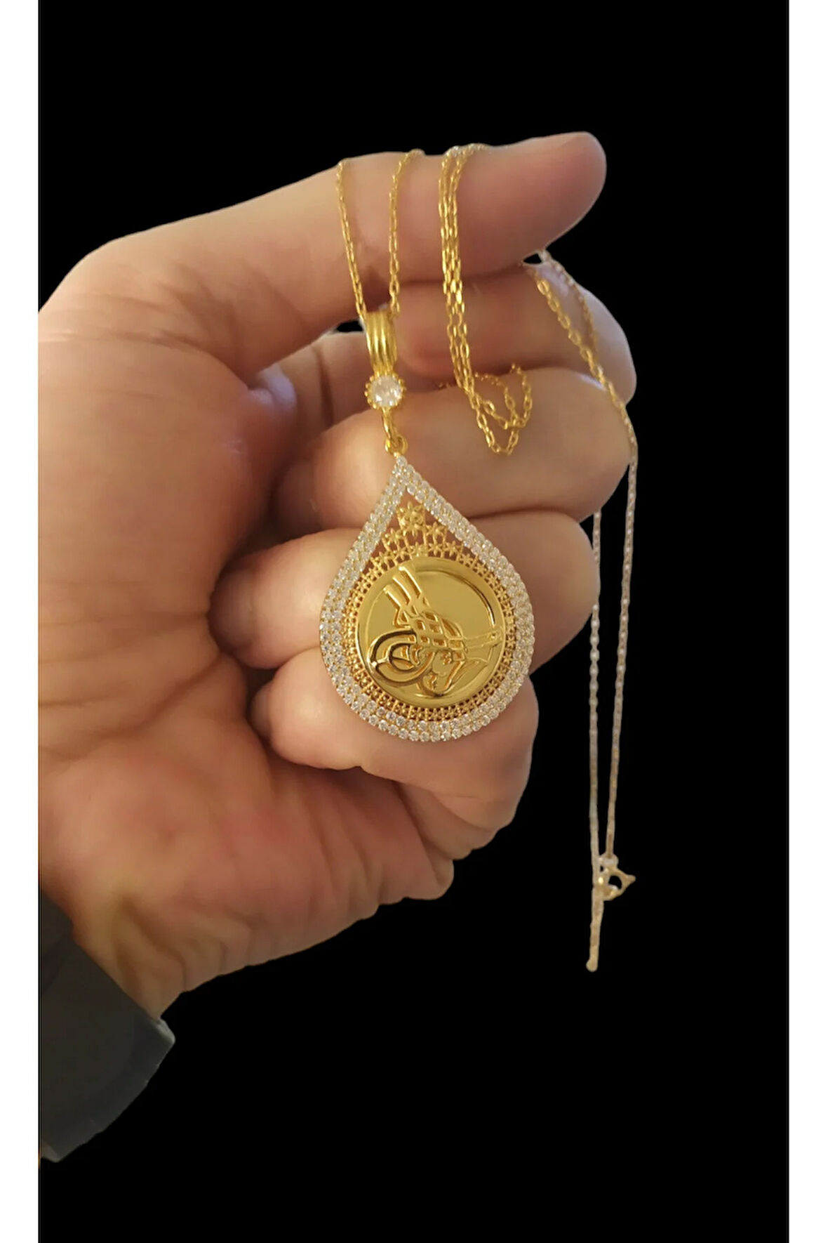 Modahilye 925 Ayar Gümüş Damla Model Tuğra Tasarımlı Altın Kaplama Renk Kolye