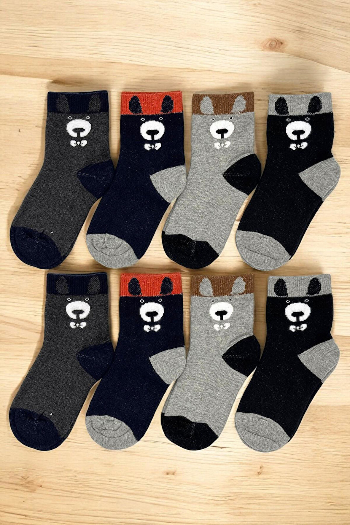 8 Çift Burun Dikişsiz Ayıcık Desenli Kışlık Kalın Havlu Erkek Çocuk Soket Çorap