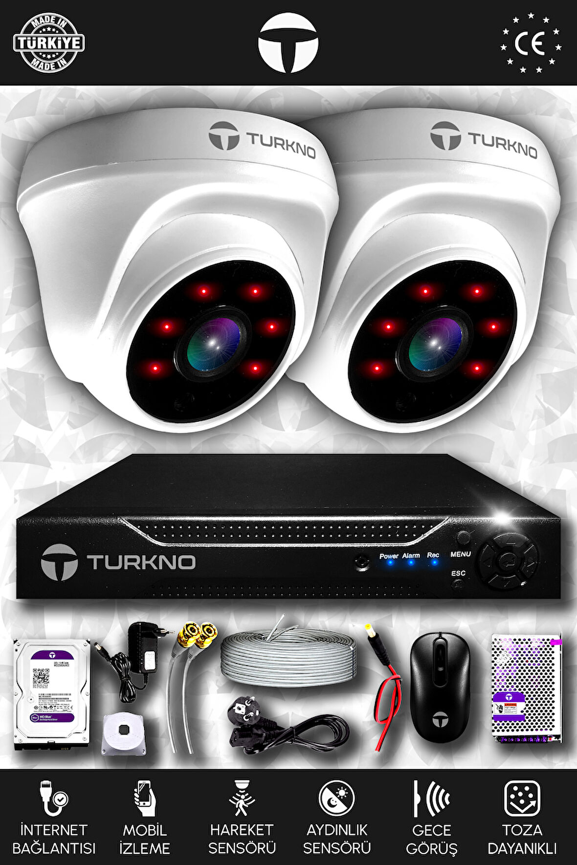 TURKNO 2 Kameralı Domia 2 İç Kamera Set 1 TB HDD Full HD Gece Görüşlü Güvenlik Kamerası Sistemi