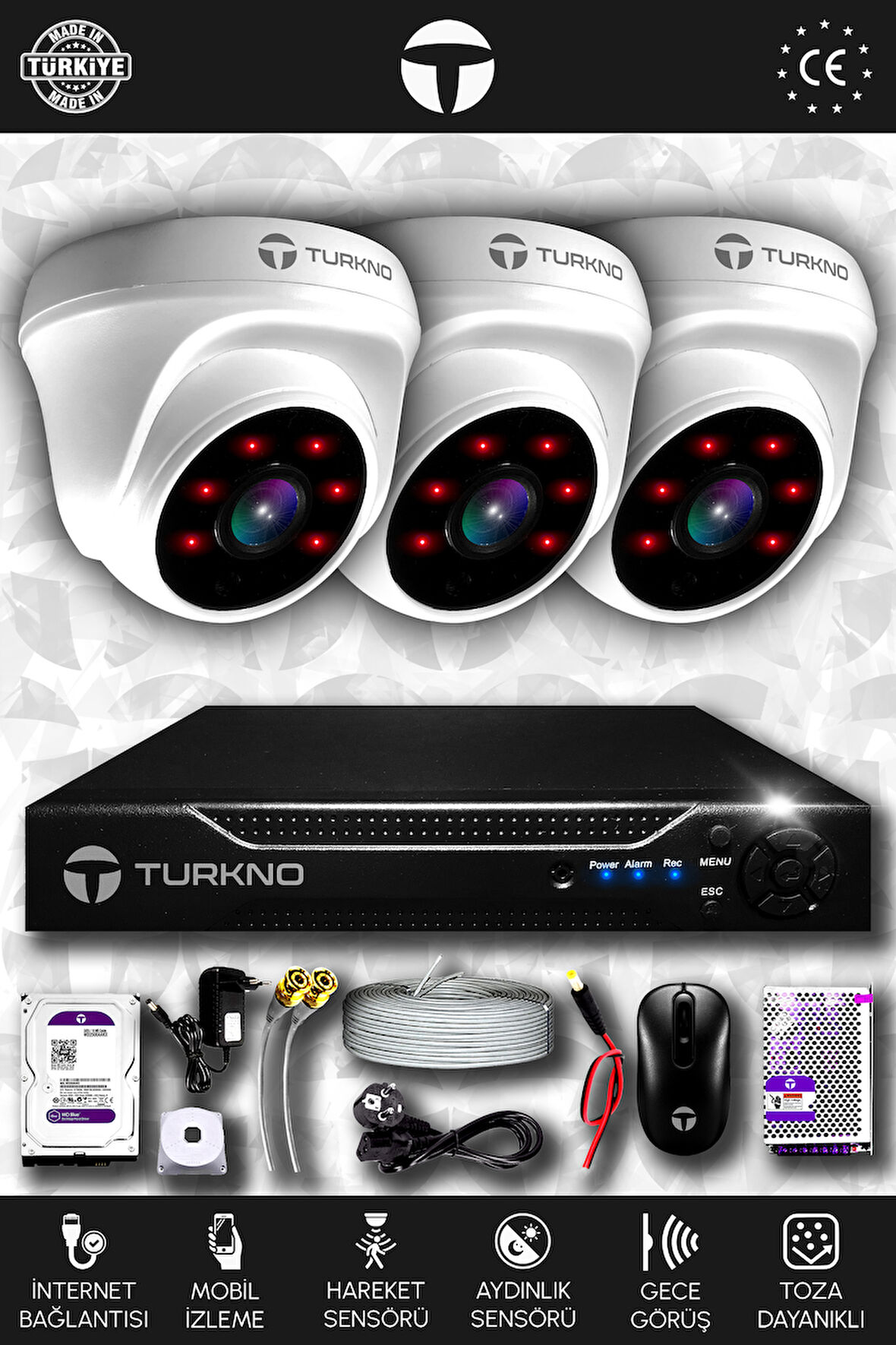 TURKNO 3 Kameralı Domia 3 İç Kamera Set 500 GB HDD Full HD Gece Görüşlü Güvenlik Kamerası Sistemi