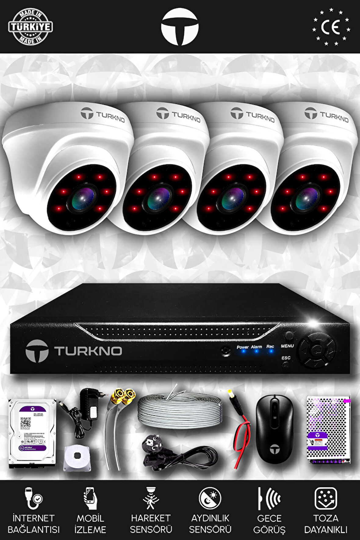 TURKNO 4 Kameralı Domia 4 İç Kamera Set 250 GB HDD Full HD Gece Görüşlü Güvenlik Kamerası Sistemi