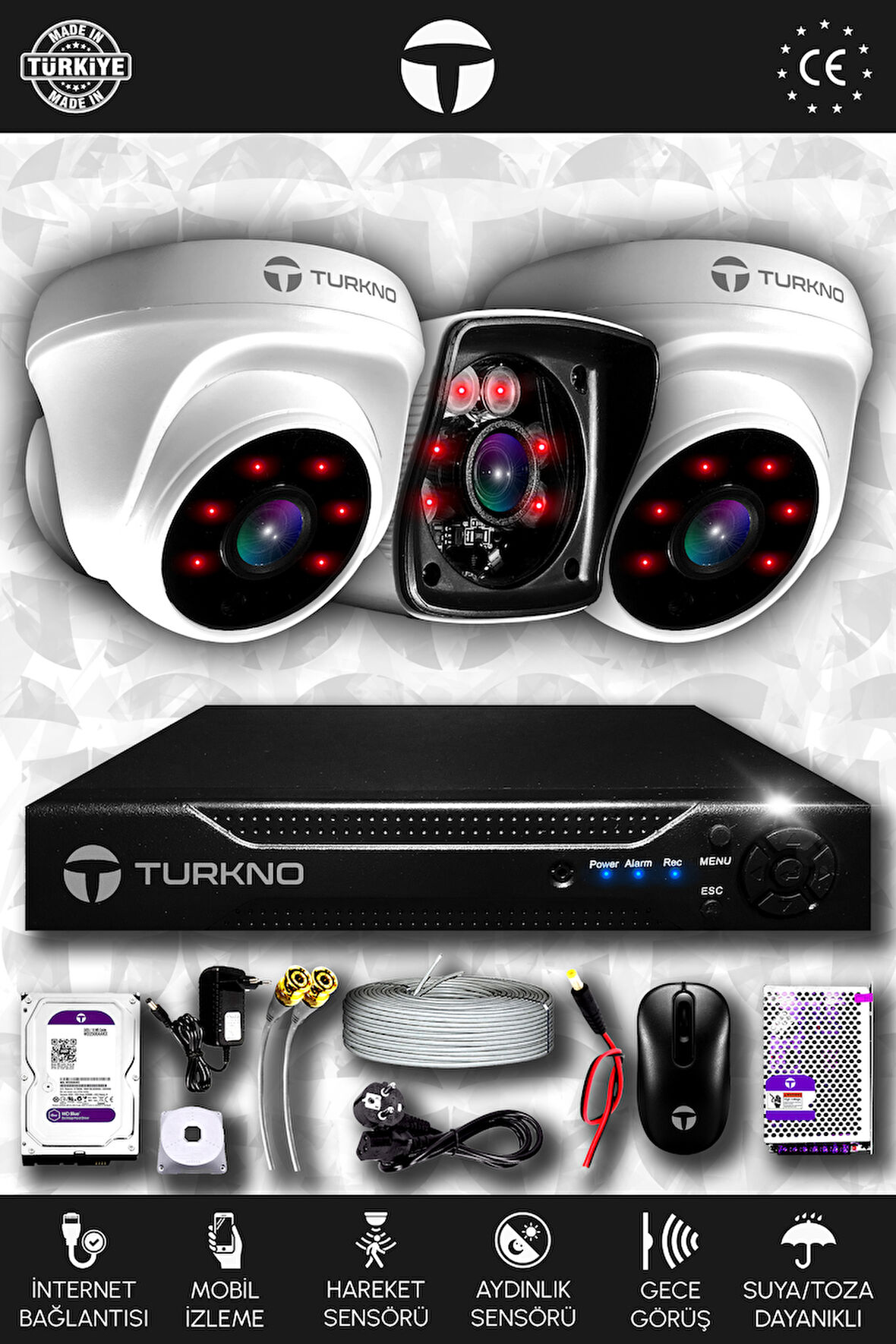 TURKNO 3 Kameralı Karia 2 İç Kamera Set 500 GB HDD Full HD Gece Görüşlü Güvenlik Kamerası Sistemi