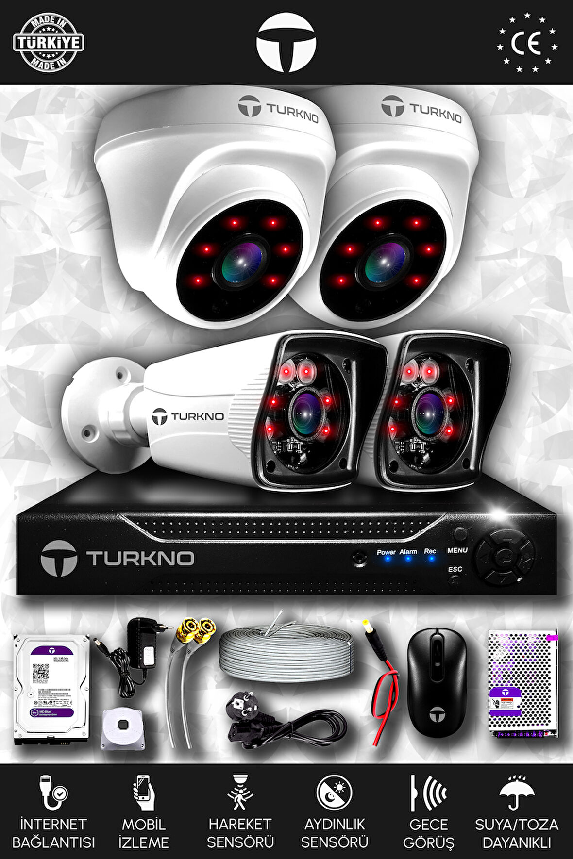 TURKNO 4 Kameralı Karia 2 İç Kamera Set 250 GB HDD Full HD Gece Görüşlü Güvenlik Kamerası Sistemi