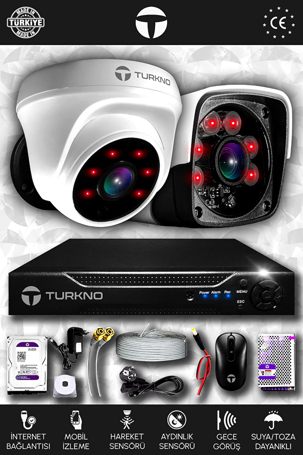TURKNO 2 Kameralı Pania 1 İç Kamera Set 1 TB HDD Full HD Gece Görüşlü Güvenlik Kamerası Sistemi