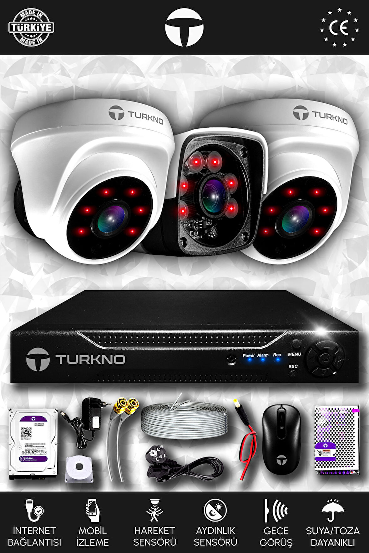 TURKNO 3 Kameralı Pania 2 İç Kamera Set 1 TB HDD Full HD Gece Görüşlü Güvenlik Kamerası Sistemi