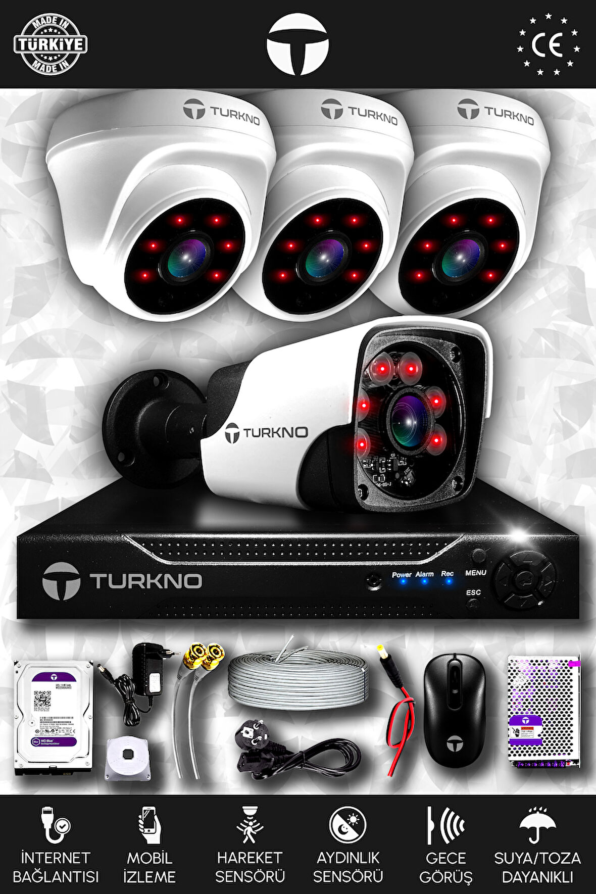 TURKNO 4 Kameralı Pania 3 İç Kamera Set 250 GB HDD Full HD Gece Görüşlü Güvenlik Kamerası Sistemi
