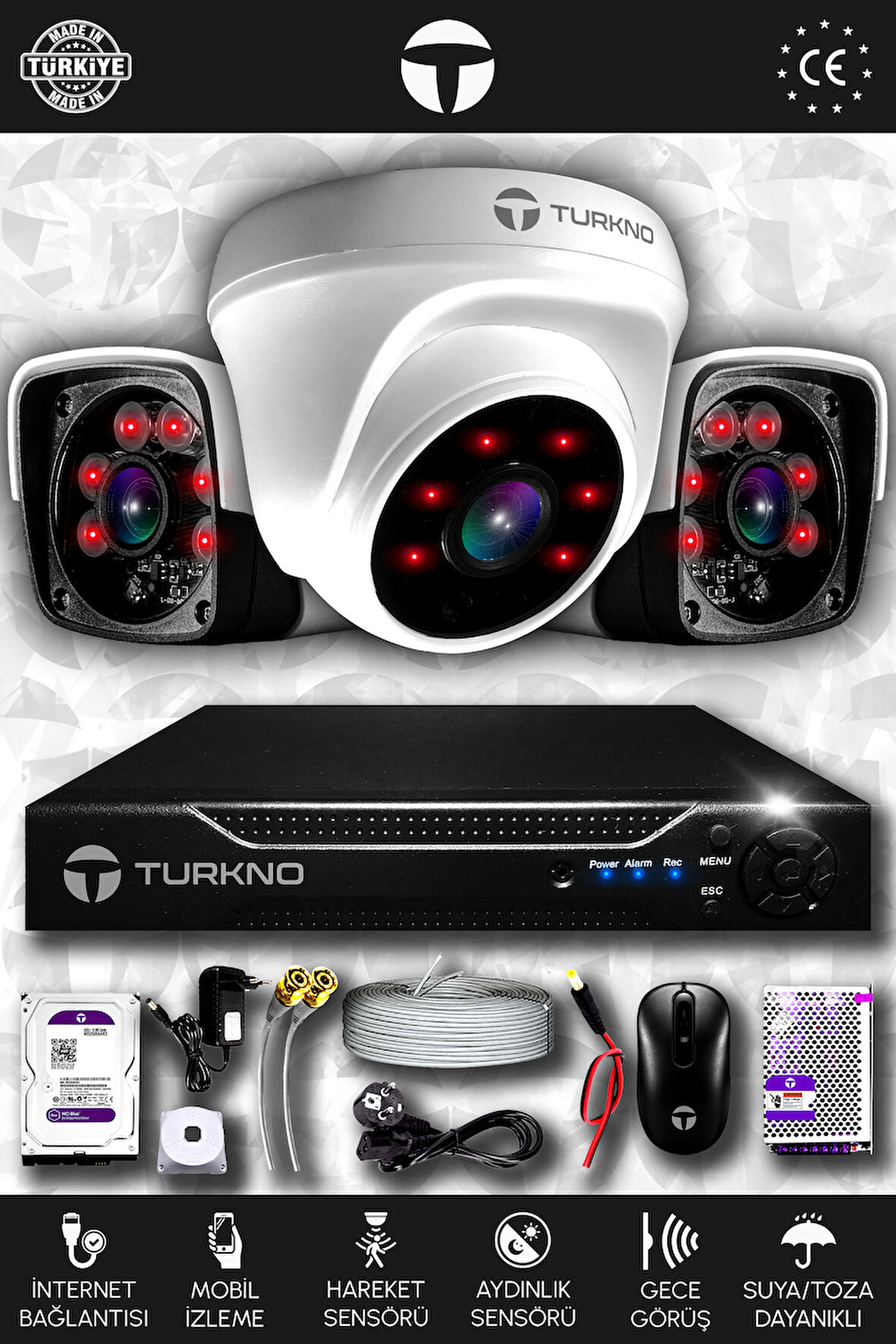 TURKNO 3 Kameralı Pania 1 İç Kamera Set 250 GB HDD Full HD Gece Görüşlü Güvenlik Kamerası Sistemi