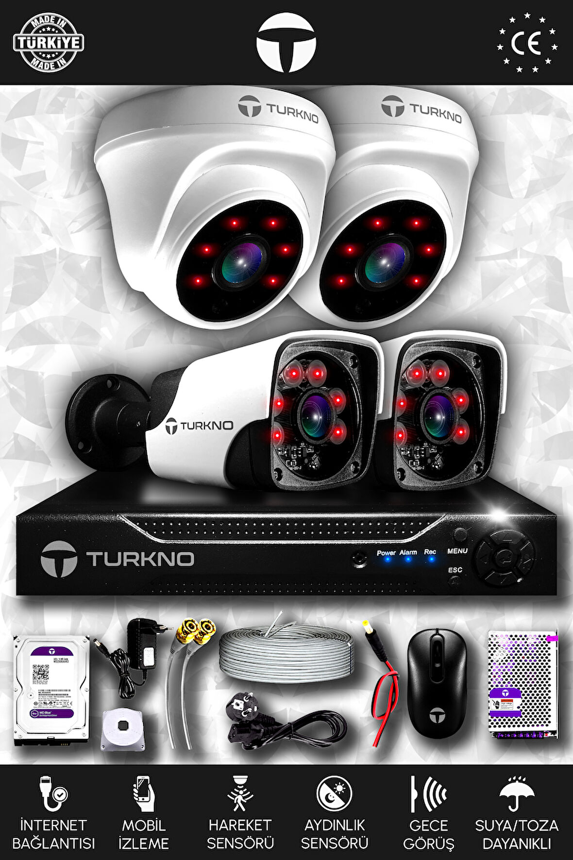TURKNO 4 Kameralı Pania 2 İç Kamera Set 320 GB HDD Full HD Gece Görüşlü Güvenlik Kamerası Sistemi