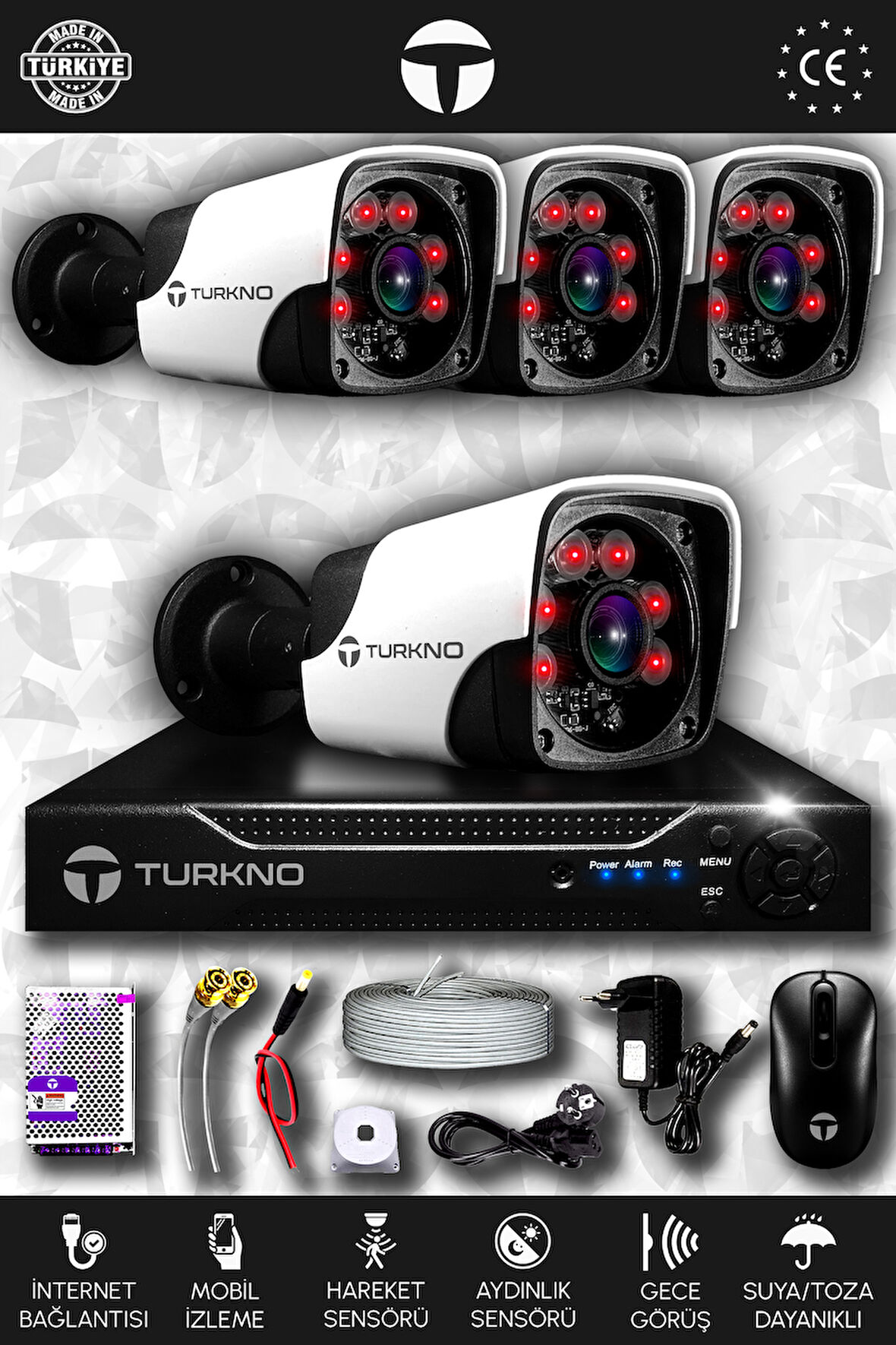 TURKNO 4 Kameralı Pania 4 Dış Kamera Set HDD'siz Full HD Gece Görüşlü Güvenlik Kamerası Sistemi