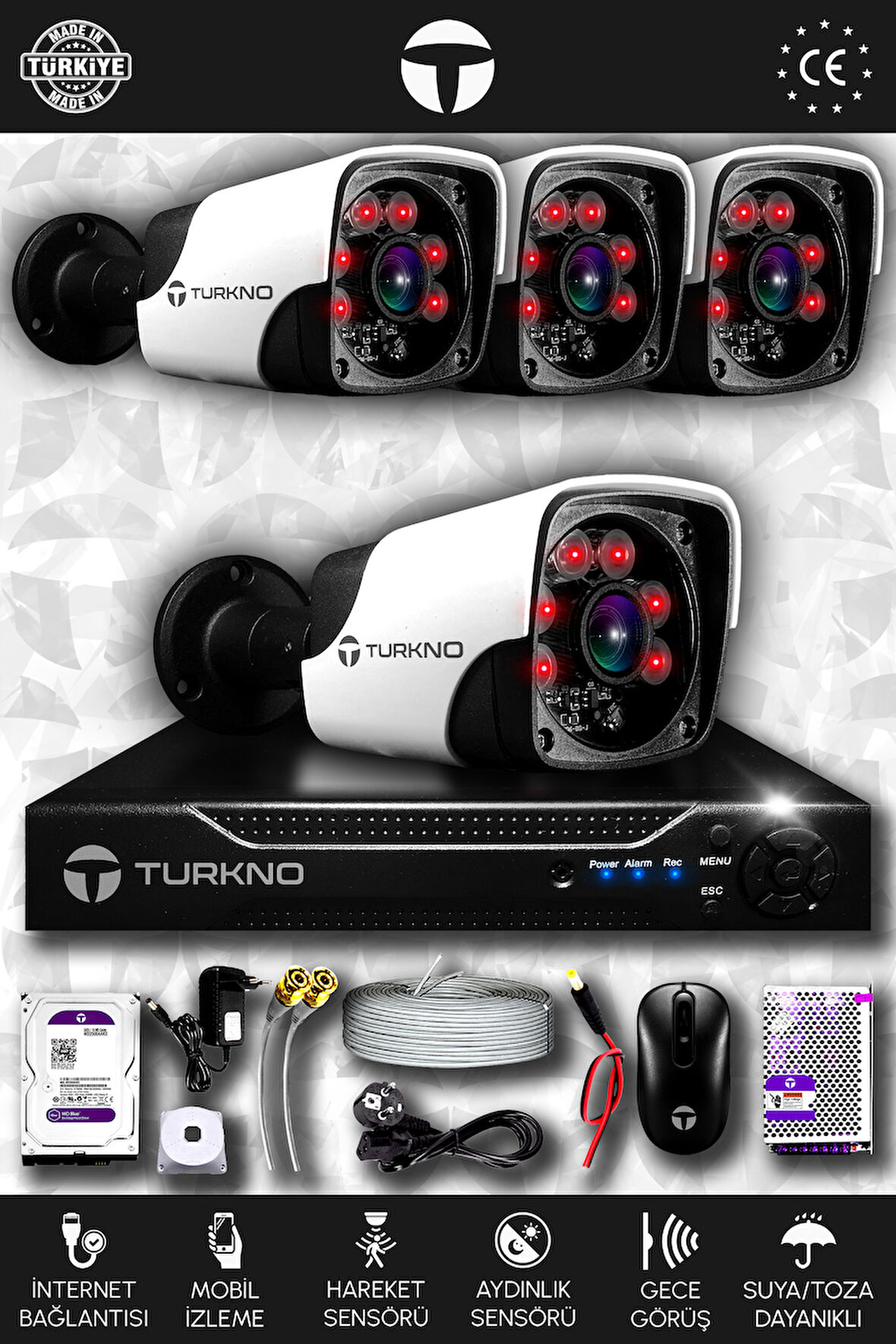 TURKNO 4 Kameralı Pania 4 Dış Kamera Set 1 TB HDD Full HD Gece Görüşlü Güvenlik Kamerası Sistemi