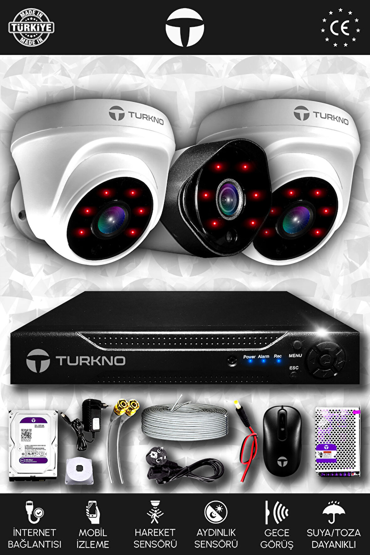 TURKNO 3 Kameralı Galia 2 İç Kamera Set 320 GB HDD Full HD Gece Görüşlü Güvenlik Kamerası Sistemi