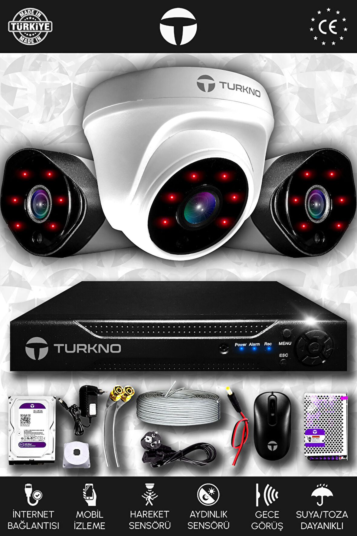 TURKNO 3 Kameralı Galia 1 İç Kamera Set 250 GB HDD Full HD Gece Görüşlü Güvenlik Kamerası Sistemi